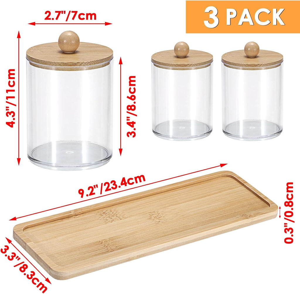 Qtip Holder with Vanity Tray Clear Cotton Ball Holder Cotton Swab Dispenser Bathroom Storage Canister with Lid Qtip Dispenser for Bathroom Office,3 Pcs