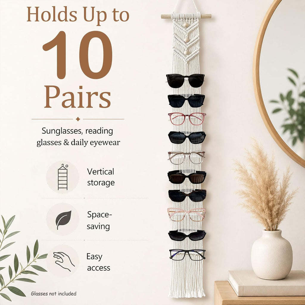 Macrame Sunglasses Holder for Wall, Boho Eyeglasses Organizer Holds Up to 10 Pairs, Handwoven Cotton Rope Glasses Display Rack with Wood Rod, Space-Saving Sunglass Storage for Bedroom Closet Entryway