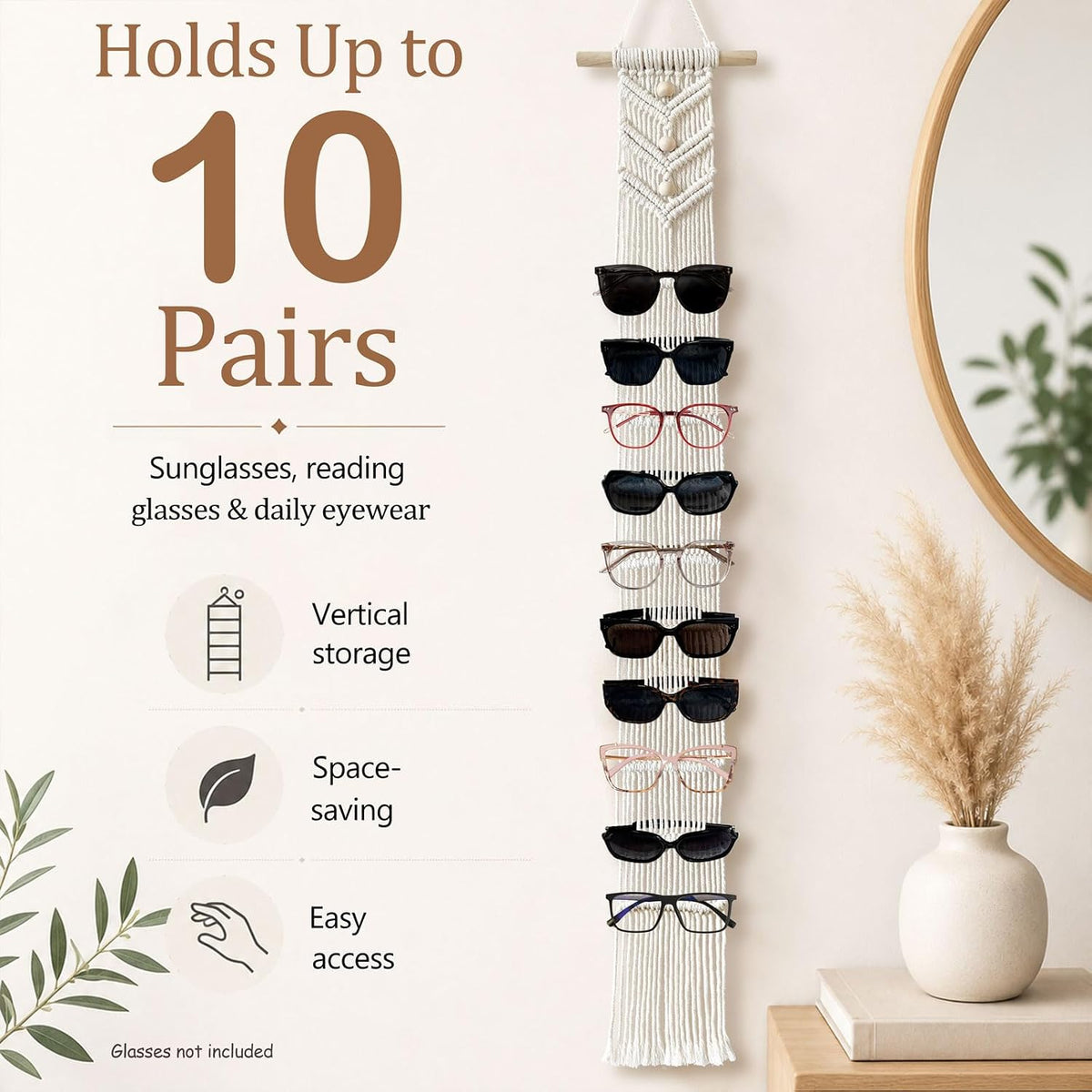 Macrame Sunglasses Holder for Wall, Boho Eyeglasses Organizer Holds Up to 10 Pairs, Handwoven Cotton Rope Glasses Display Rack with Wood Rod, Space-Saving Sunglass Storage for Bedroom Closet Entryway