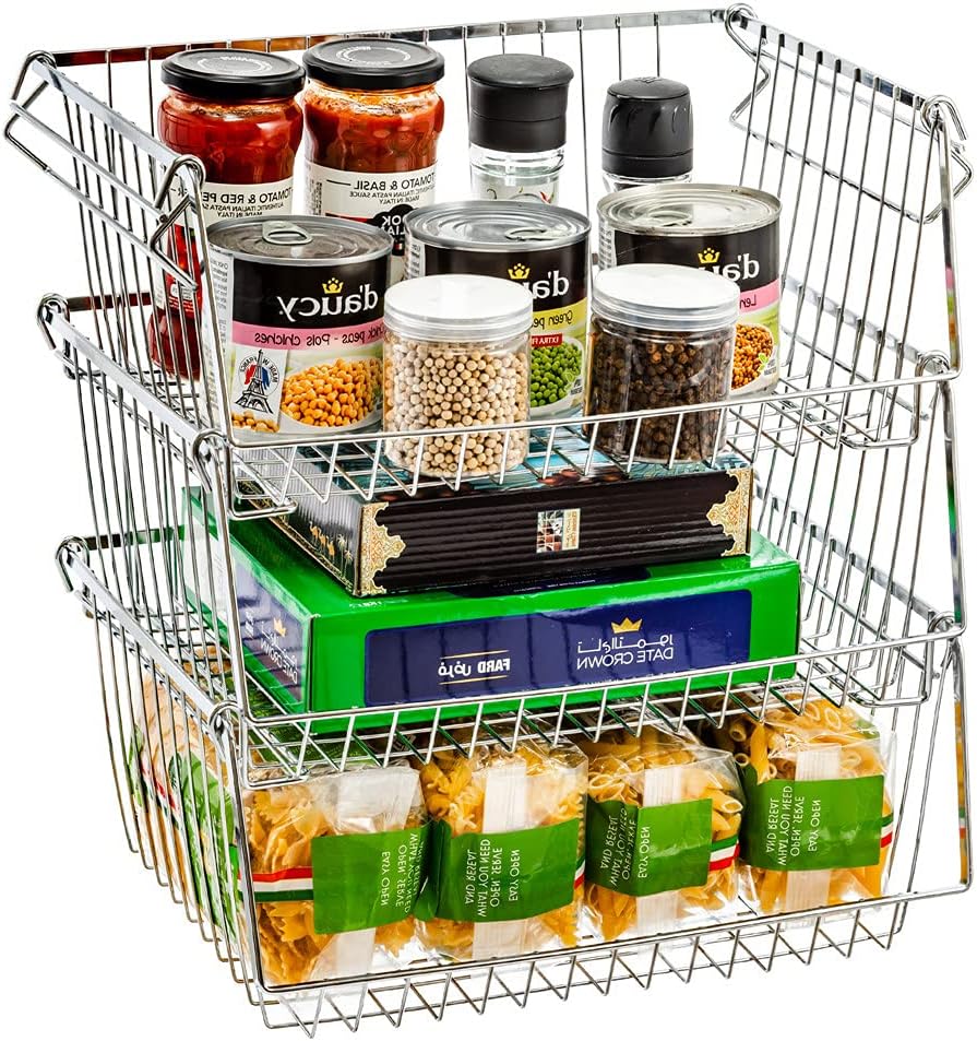 SANNO Stacking Baskets Bin Baskets Wire Storage Baskets Organization Farmhouse Scoop Baksket for Pantry, Kitchen, Closets, Bathroom, Cabinets, Kitchen, Set of 3