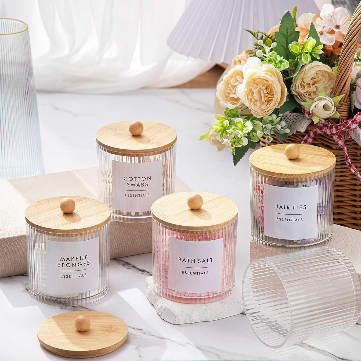6 Pcs Plastic Holder Dispenser Bathroom Jars Bamboo Lids 18 oz, Wood Color