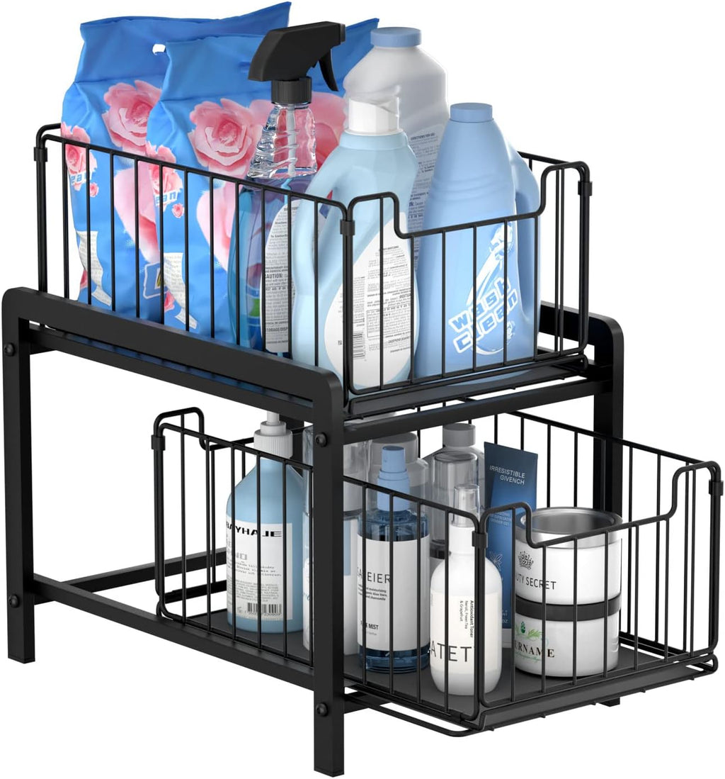 NPPLUS 2 Tier Black Under Sink Organzier With Sliding Drawer