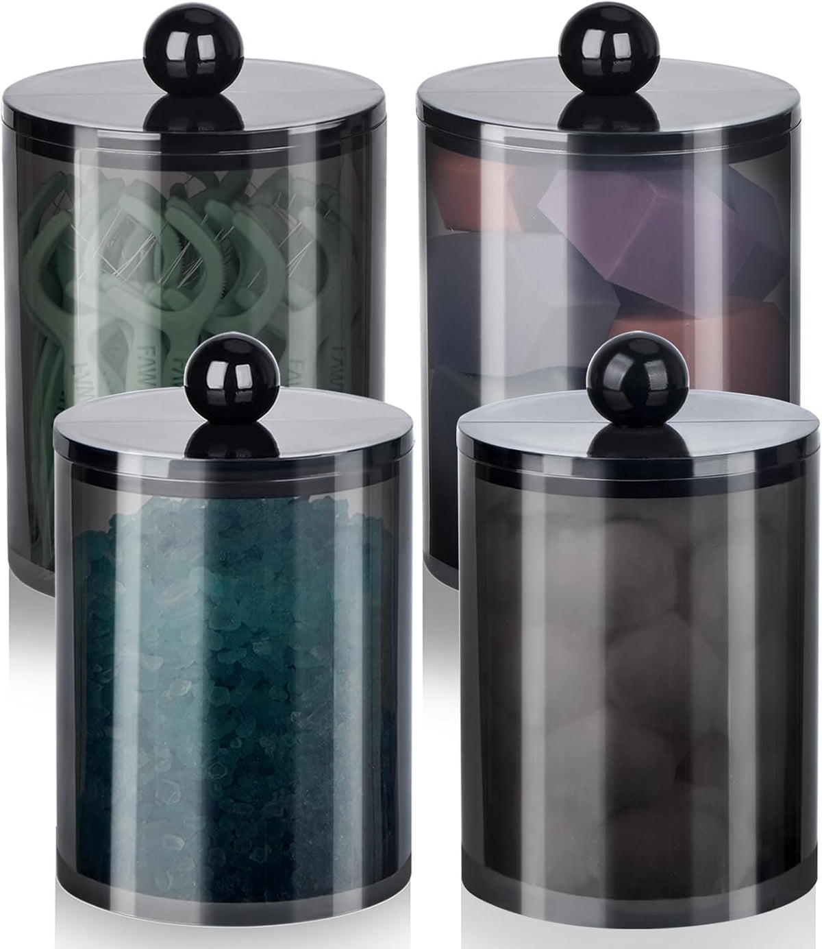 4 Pcs Acrylic Qtip Holder, Cotton Ball Holder Jars with Lids, Black