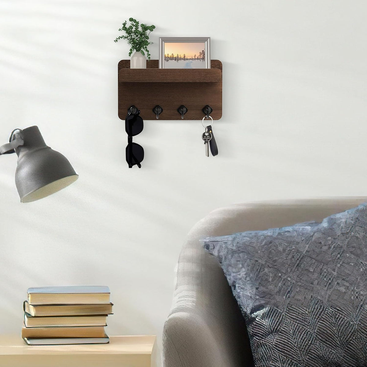 Nekon Key Holder Wall Mount, 8.5 Inch Small Wooden Wall Organizer, Brown