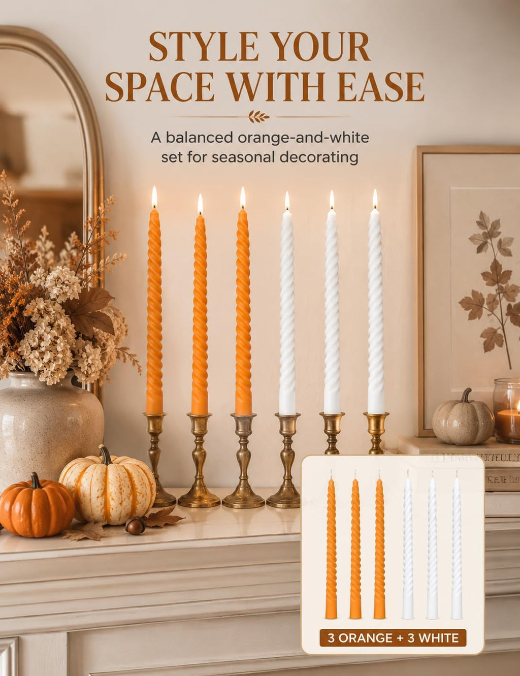 10 Inch 3 White and 3 Orange Spiral Taper Candle Set, Unscented Dripless Candlesticks for Fall Harvest Halloween Thanksginving, Holiday Décor, and Festive Dinners