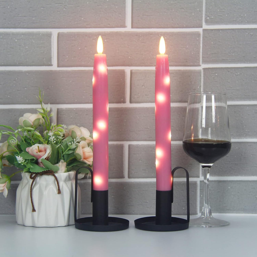 Flameless Flickering Taper Candles Battery Operated with Embedded String Lights, wtih Timer and Remote, LED Real Wax Tapered Dinner Candle Set of 2 (Pink)