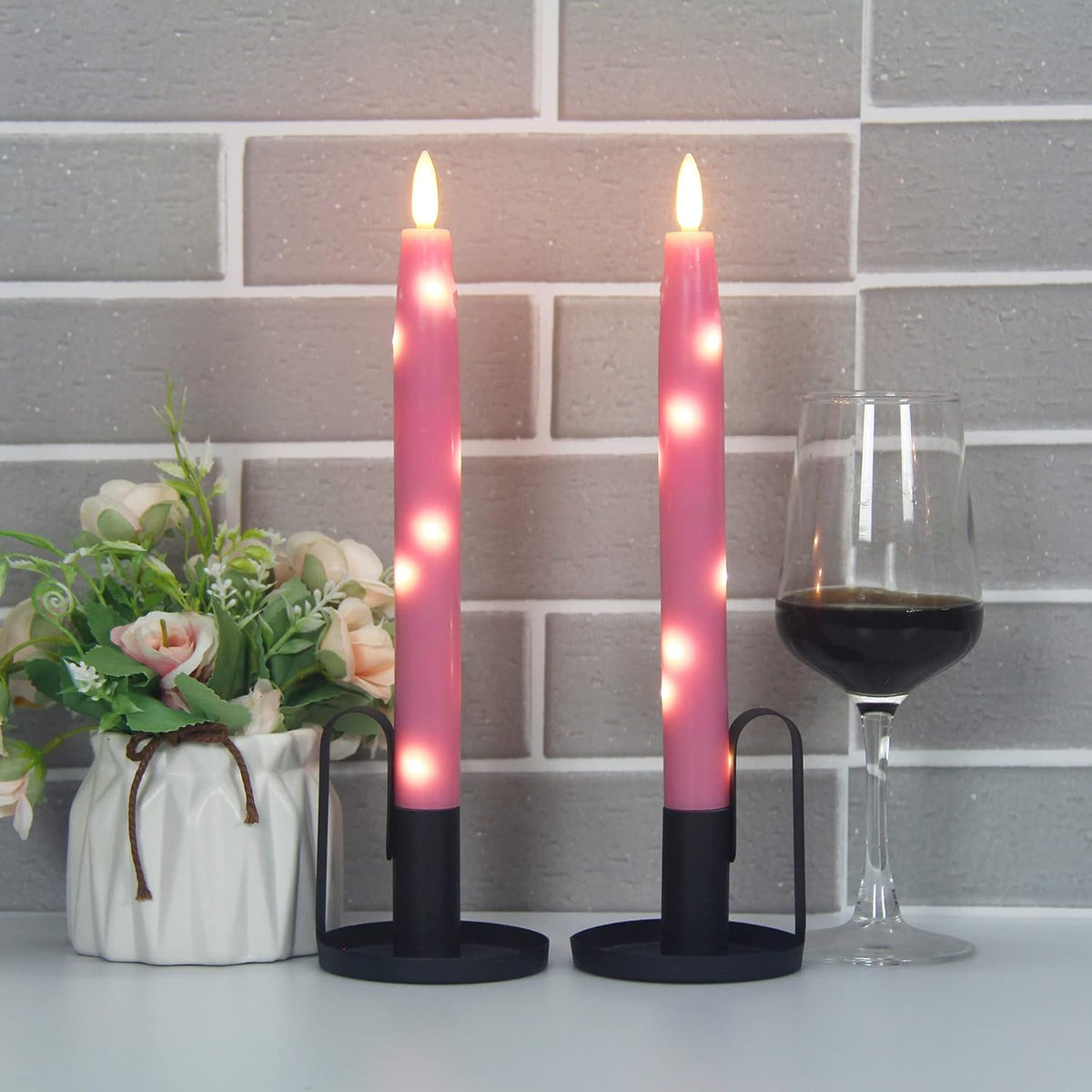 Flameless Flickering Taper Candles Battery Operated with Embedded String Lights, wtih Timer and Remote, LED Real Wax Tapered Dinner Candle Set of 2 (Pink)