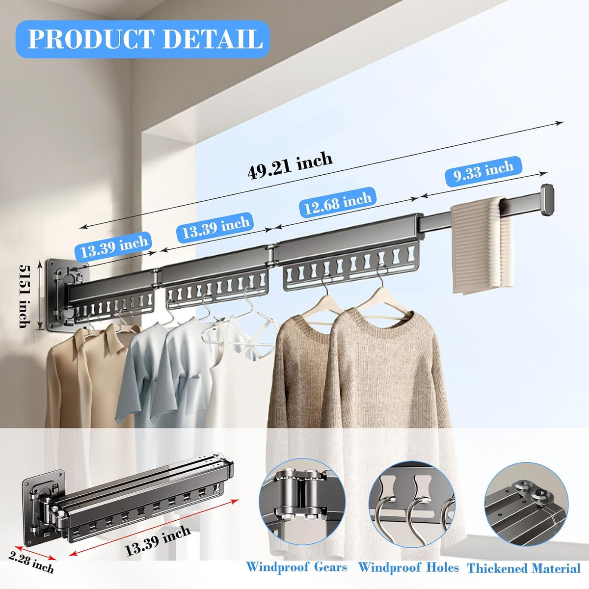 Clothes Drying Rack Wall-Mounted, 3-Fold Retractable Clothes Hanger with Windproof Holes & Detachable Design, Sturdy Foldable Laundry Rack for Balcony, Bathroom Use (Gunmetal Gray)