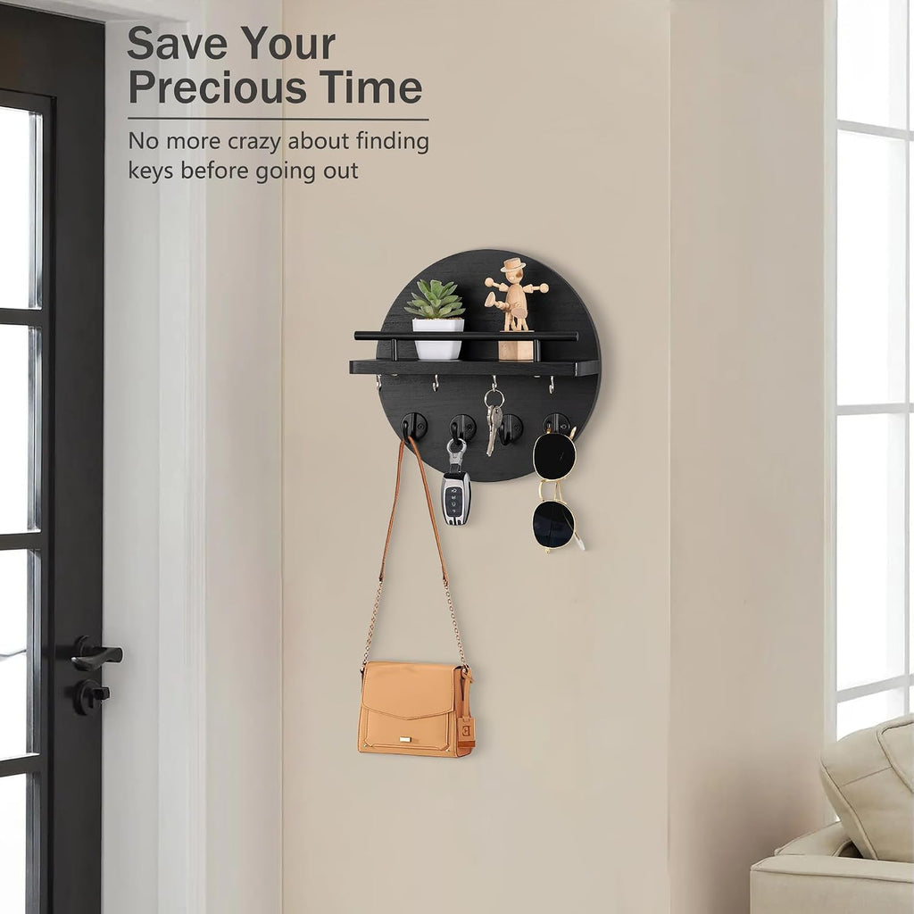 10.2" Key Holder Wall Mount with Shelf & Mail Organizer, 8 Hooks Black