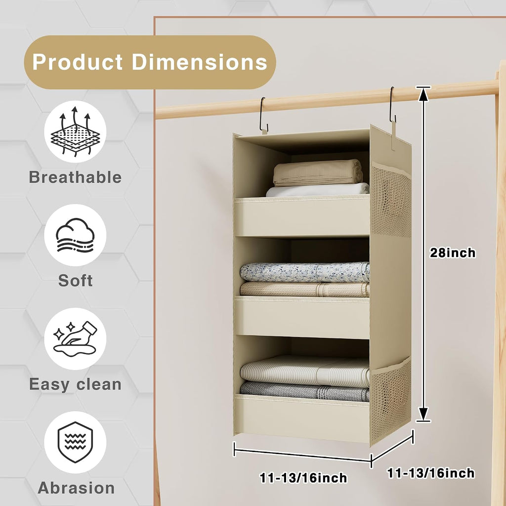 3-Shelf Hanging Closet Organizer, Washable Foldable Storage Shelves, Beige
