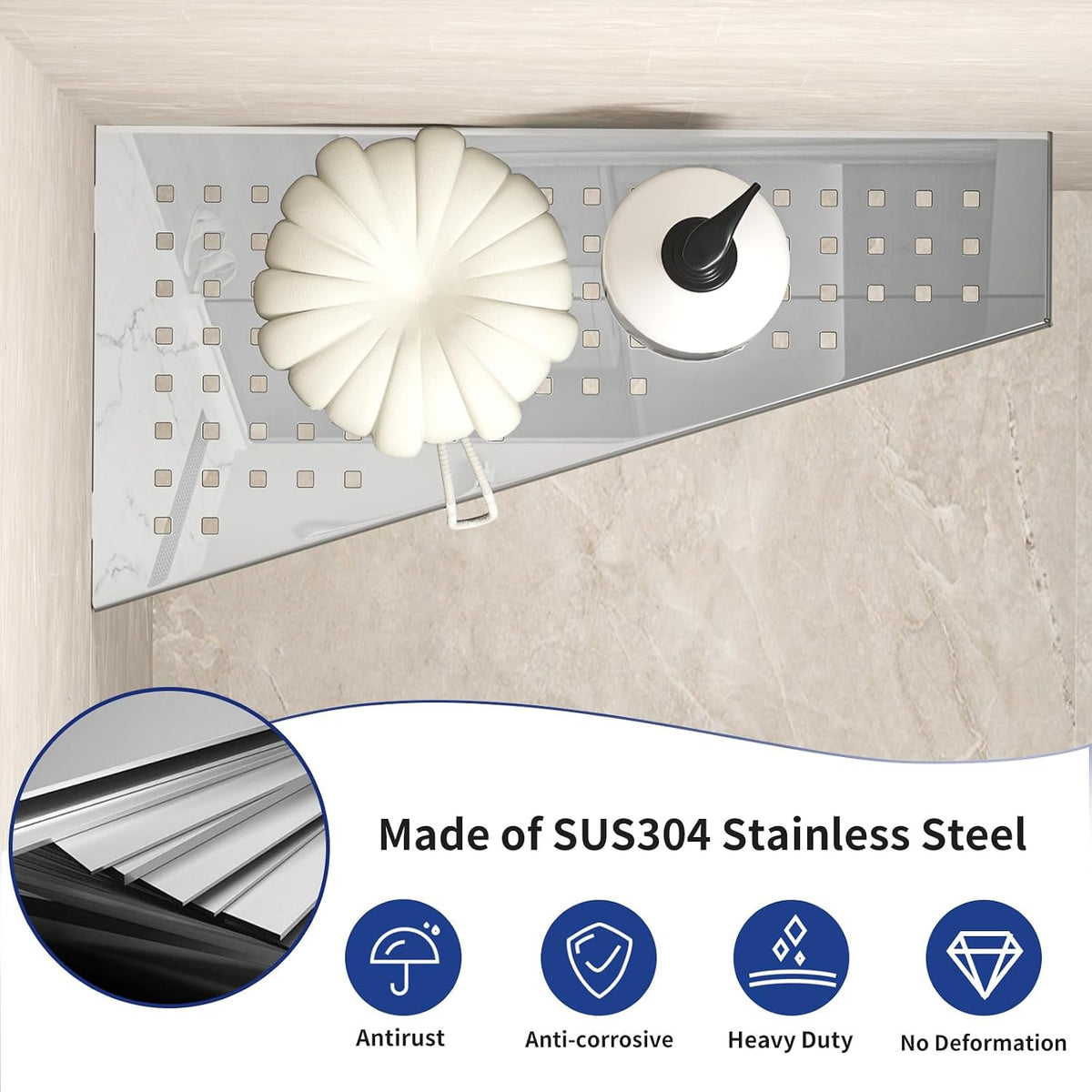Corner Shower Shelf 12" Polished, 304 Stainless Steel