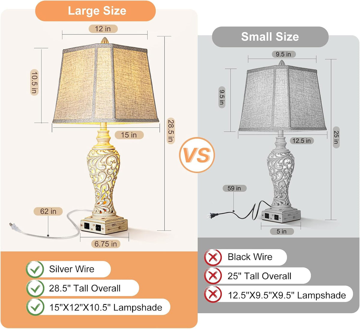 LuxSight Collection 28.5" Table Lamps Set of 2 with Nightlight for Bedroom
