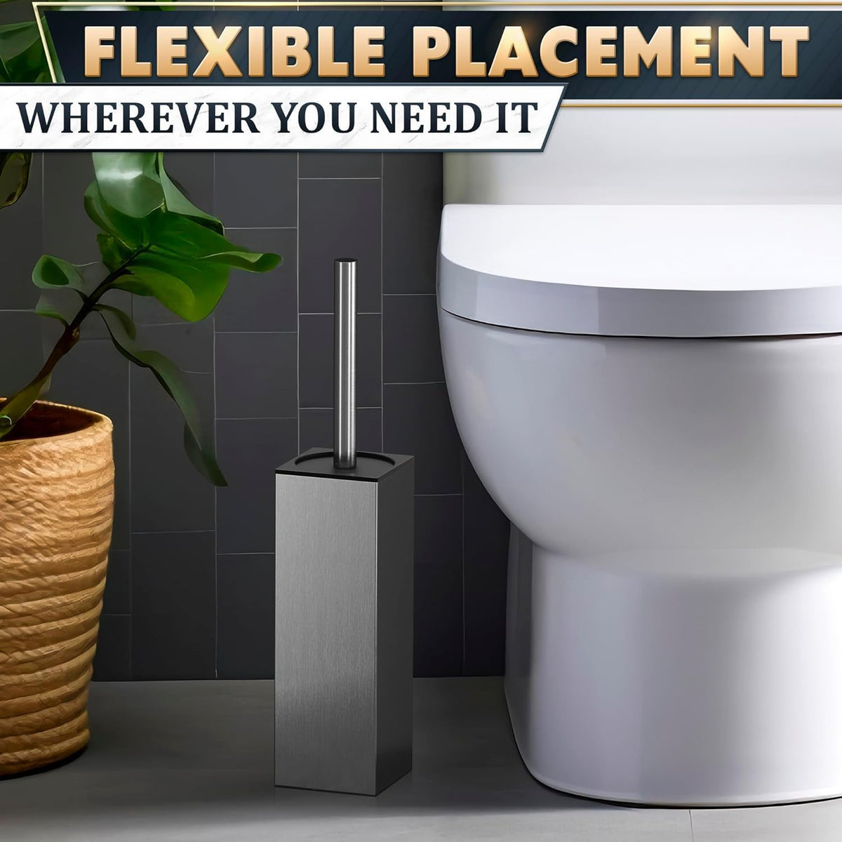 Silver Toilet Brush and Holder Set, Freestanding (Square Shape)