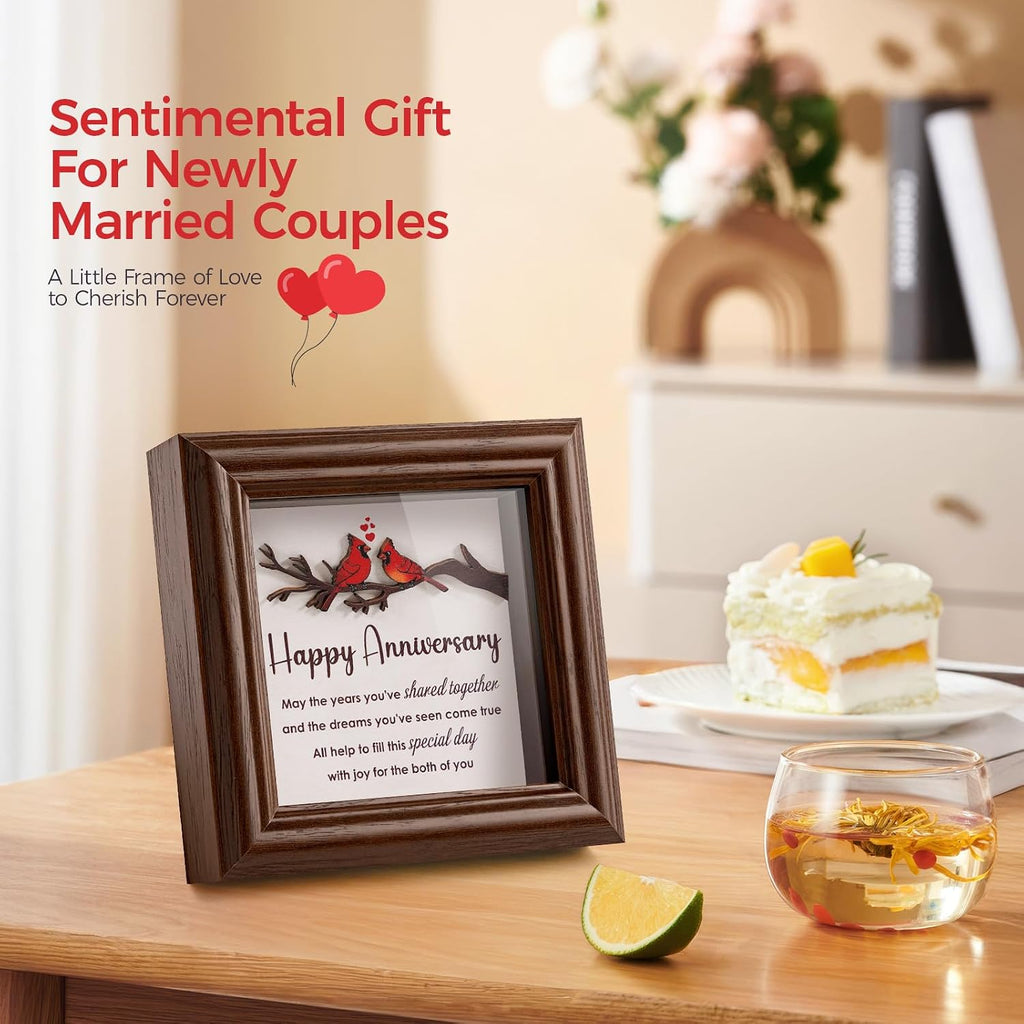 LukieJac Anniversary Cardinal Gifts for Couple - Romantic Anniversario Gift Ideas Wooden Shadow Box Frame for Friends, Sister, Parents, Couples, Grandparents Anniversary Keepsake