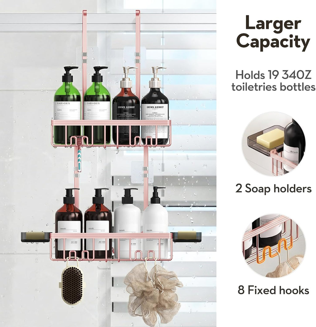 Over the Door Shower Caddy Hanging With Double Soap Holder Never Rust Aluminum Shower Shelf With 4 Hooks Hanging Bathroom Organizer No Drilling Shelves for Bathroom Storage Pink