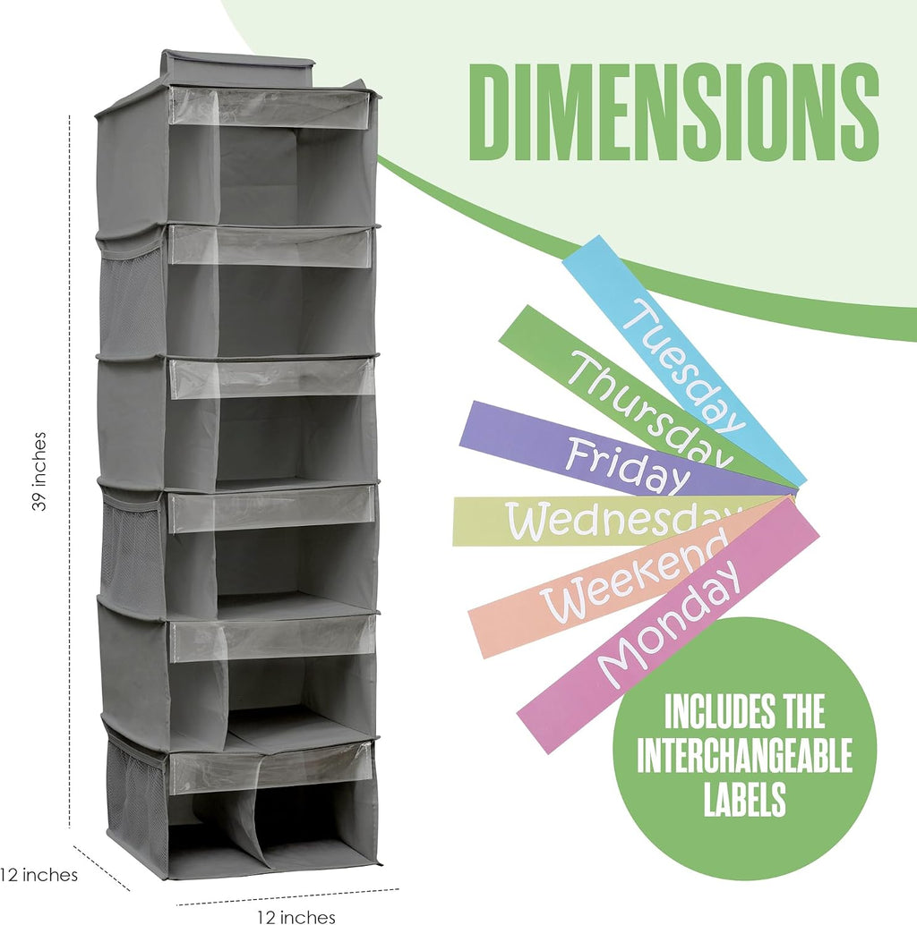 Kids Clothes Organizer, Weekly Clothes Organizer for Kids, 6 Shelf, Grey