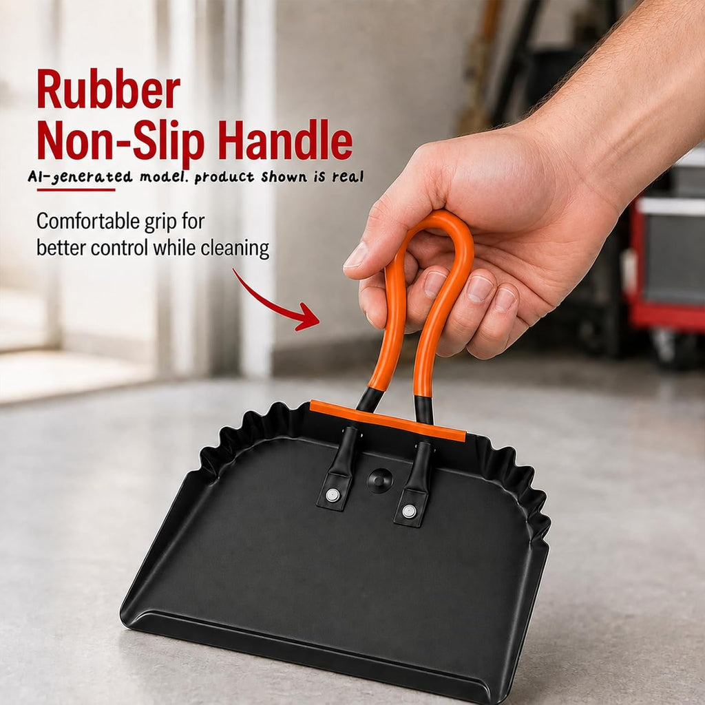 17” and 12” Heavy-Duty Metal Dustpans and Brush Set with Rubber Lip Edge