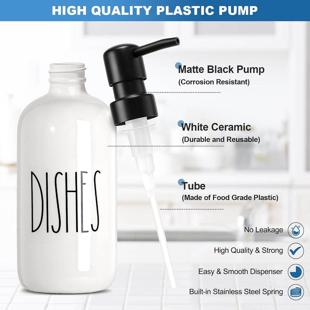 Dish Soap Dispenser for Kitchen, Ceramic Dish Soap Dispenser with Sponge Holder, White Dispenser Set with Tray, 3 in 1 Countertop Sink Organizer, Farmhouse Modern Kitchen Decor