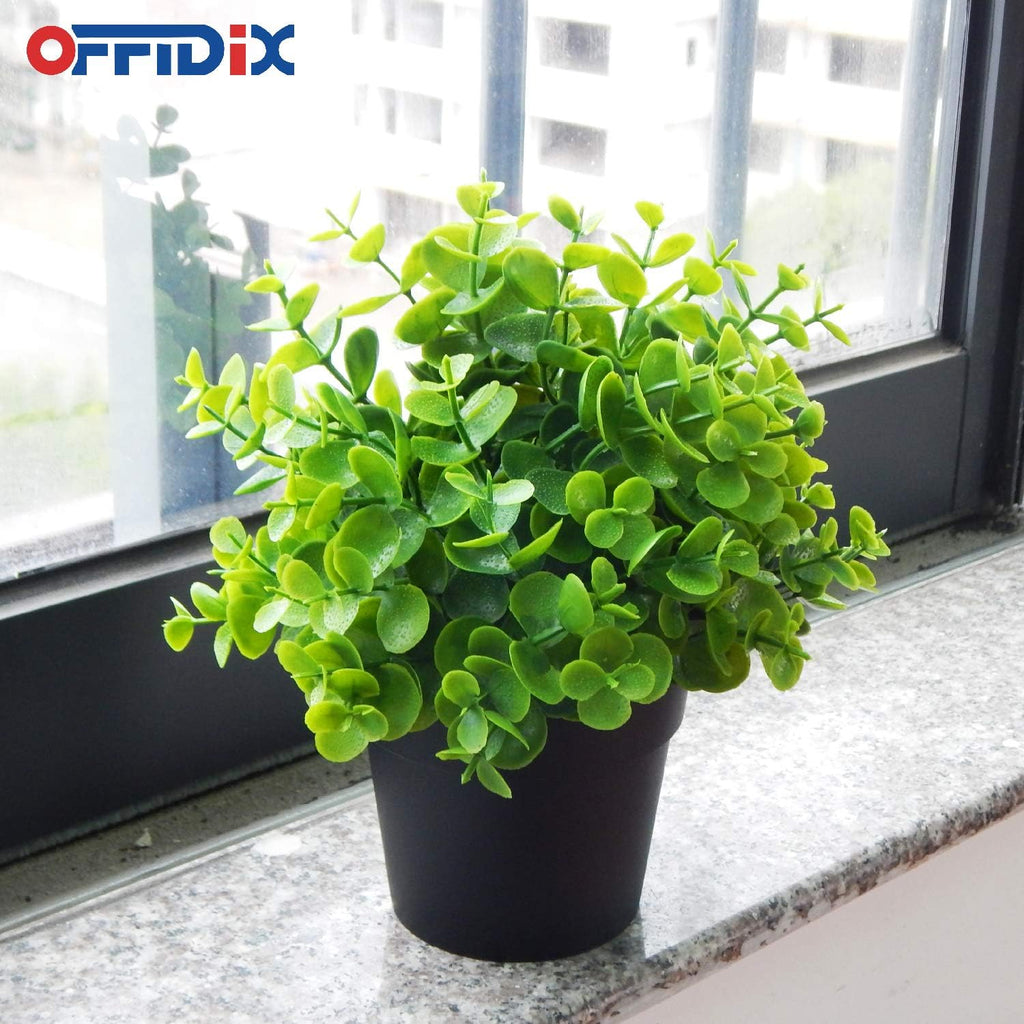 OFFIDIX Artificial Mini Plastic Eucalyptus Potted Plants for Home Office Decoration, Faux Plastic With Black Pots, Fake for Bathroom Decor