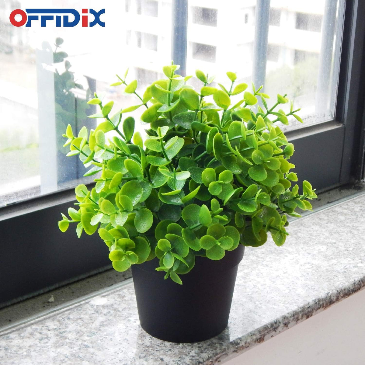 OFFIDIX Artificial Mini Plastic Eucalyptus Potted Plants for Home Office Decoration, Faux Plastic With Black Pots, Fake for Bathroom Decor