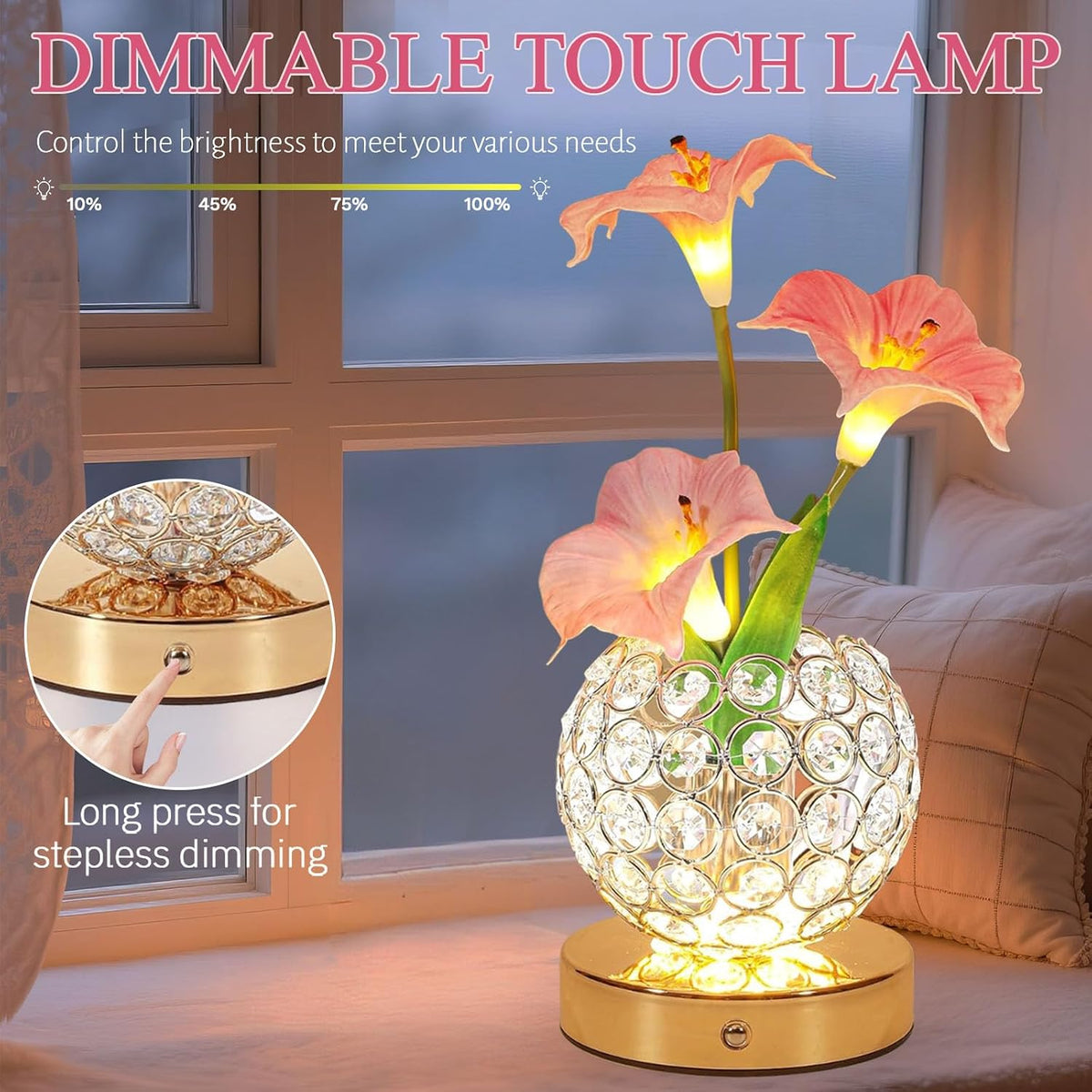 Flower Table Lamps, Rechargeable Cordless Desk Lamp, 3 Colors Dimmable Artificial Flowers Night Light, Morning Glory with Crystal Vase for Home Date Party Decoration (Morning Glory-Pink)