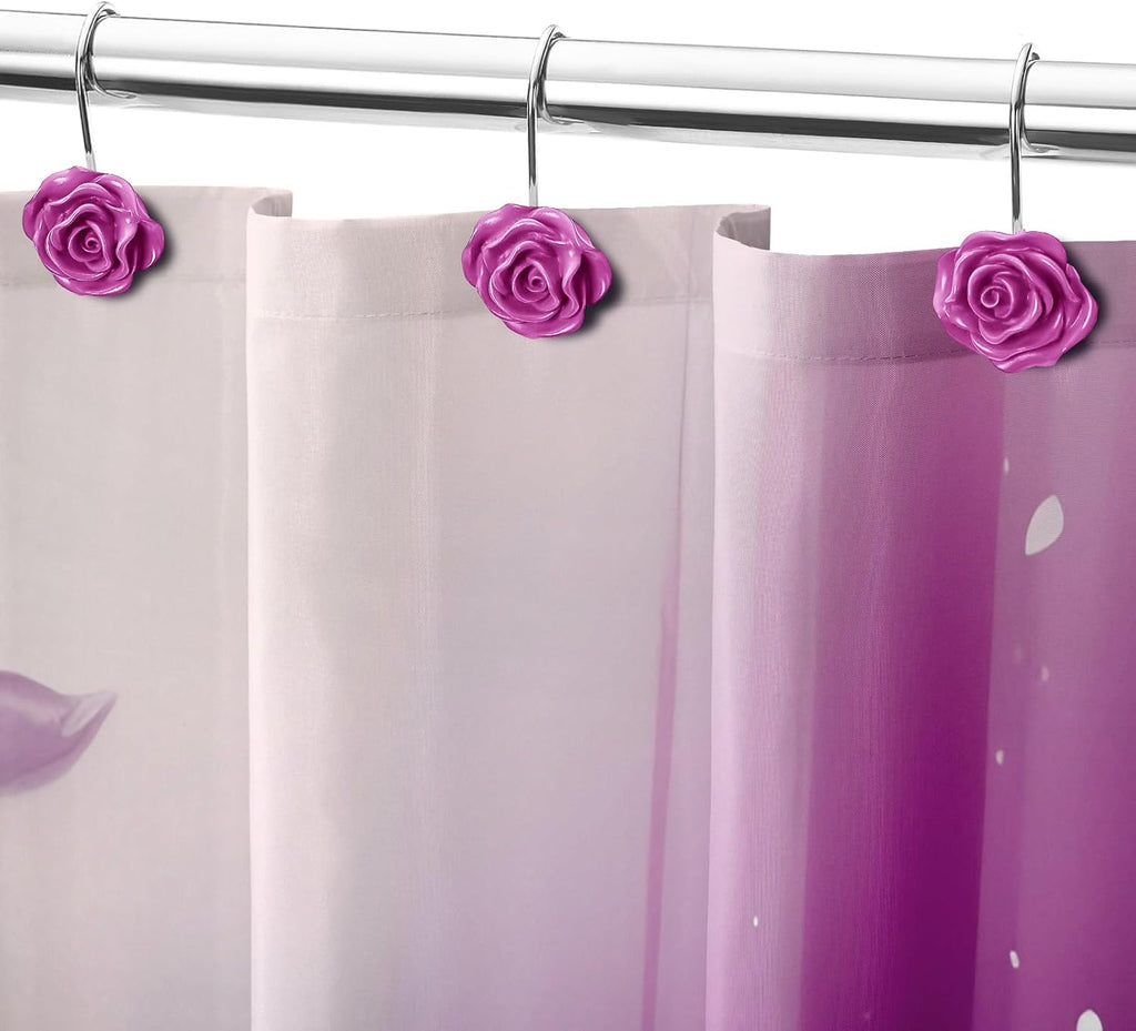 Cute Rose Floral Shower Curtain Hooks Rings for Bathroom,Burgundy 12PCS