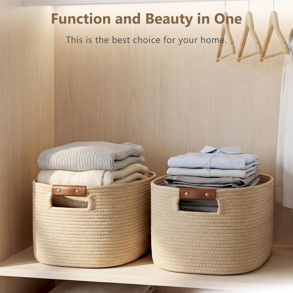 ECDYQXVU 15x10x9 Woven Cotton Rope Storage Basket, Leather Handles 3 Pack