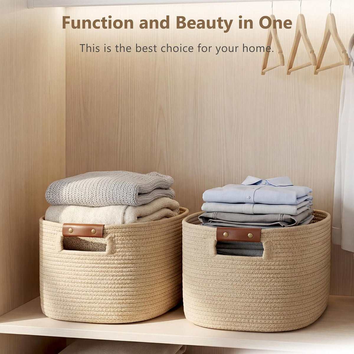 ECDYQXVU 15x10x9 Woven Cotton Rope Storage Basket, Leather Handles 3 Pack