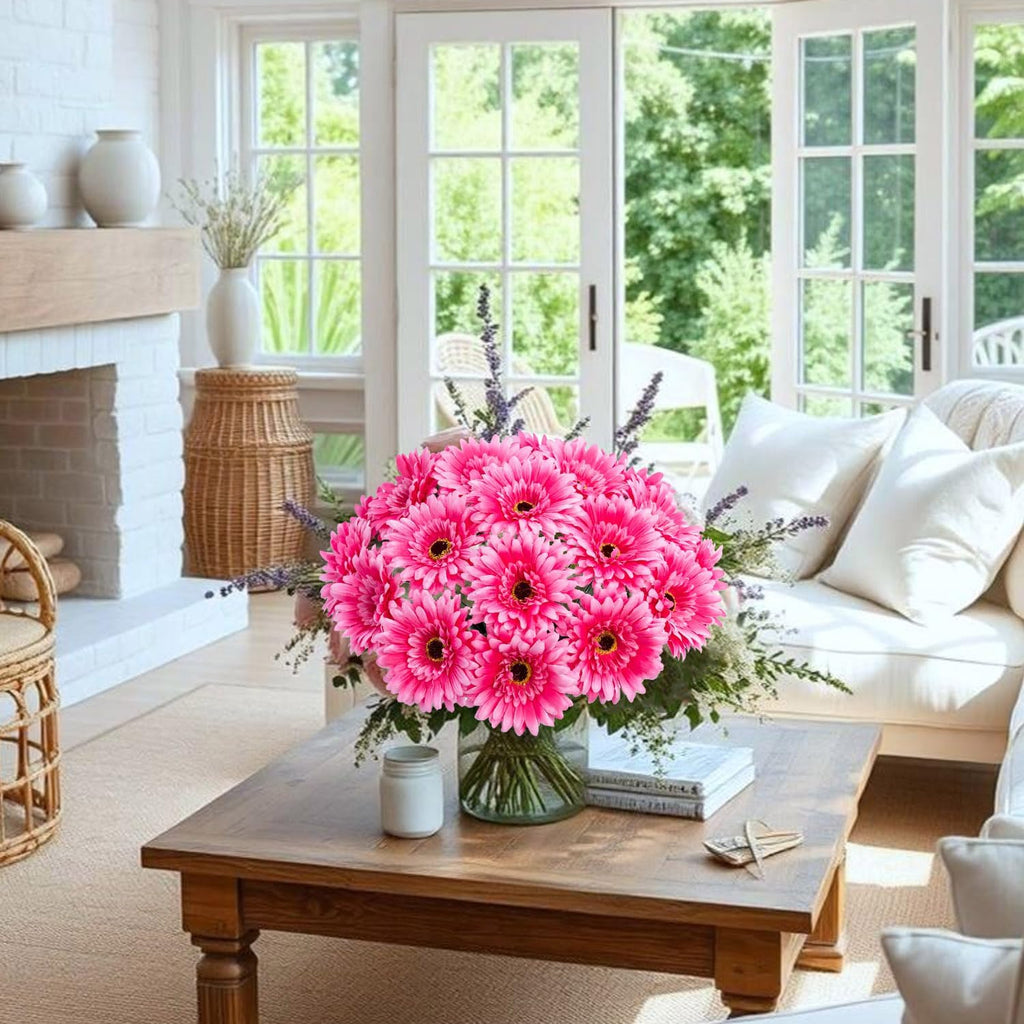 20 Pcs Fake Silk Gerbera Daisy Artificial Flowers with Stems Faux Daisies Flower Bulk for DIY Art Crafts Home Wedding Party Vase Centerpieces Tables Garland Wreath Decoration (Pink)