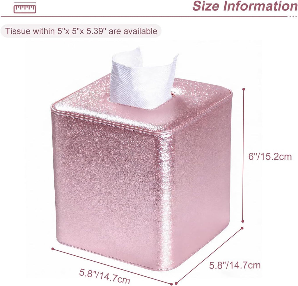 GORESE PU Leather Tissue Box Cover Square, Decorative Tissue Box Holder for Kleenexs, Tissue Cover for Vanity, Bathroom, and Office, Elegant Shimmer Cube Tissue Box (Pink)