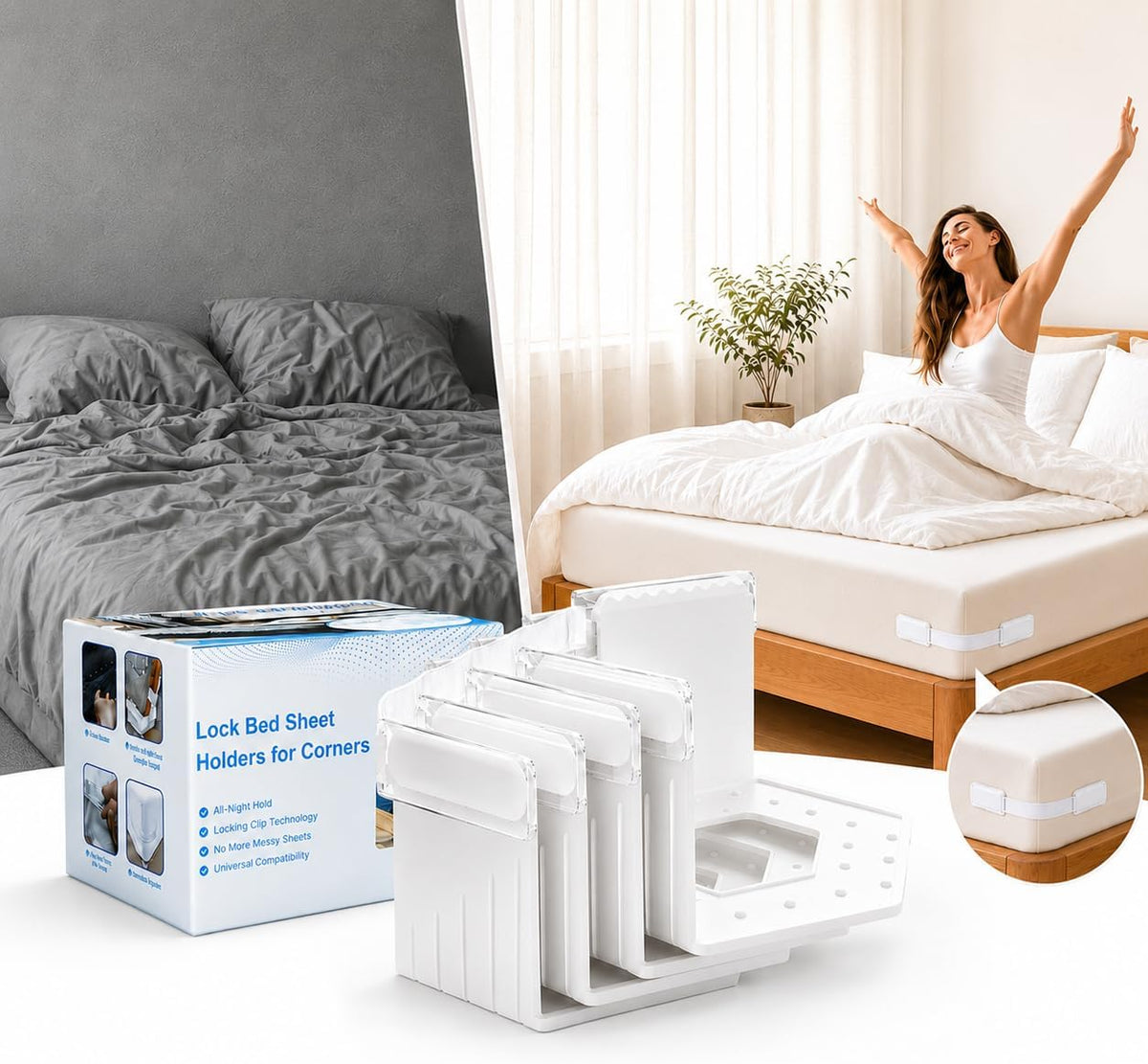Lock Bed Sheet Holders for Corners: 0 Slips All Night for Fitted Sheets