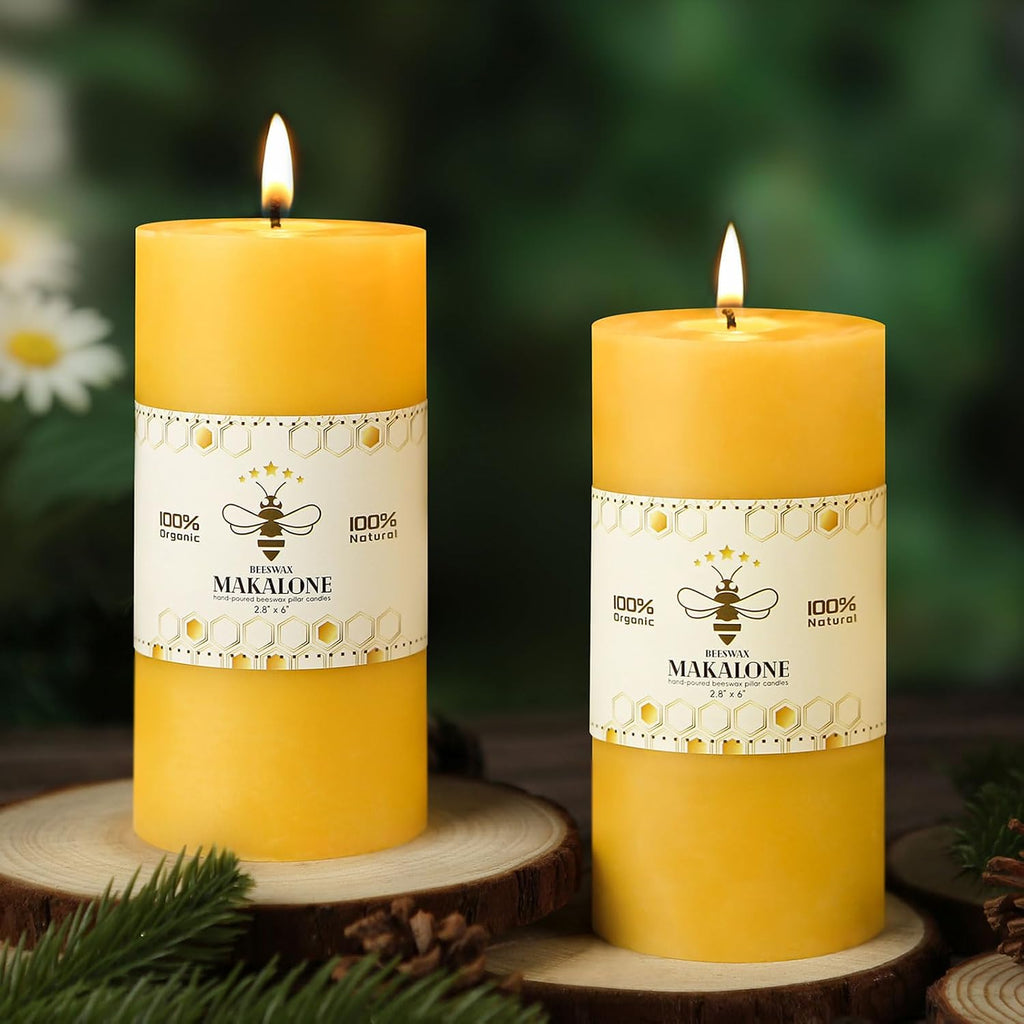 Natural Beeswax Pillar Candles, Non Toxic,2.8x6 inch,2 Pack,285 H Long Burn