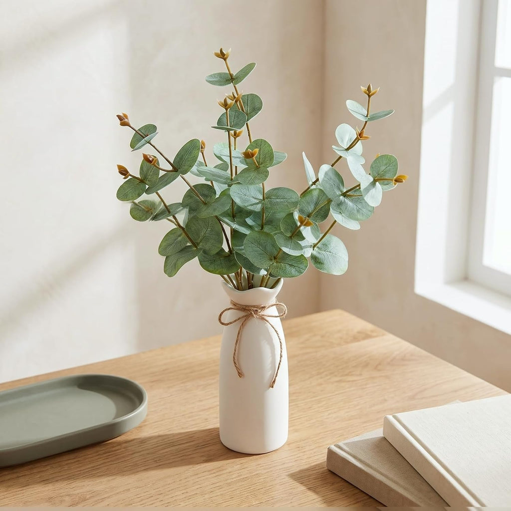 Artificial Eucalyptus Stems with Vase, 18" Fake Plant Greenery Branches Golden Leaves Faux Eucalyptus Stems for Home Office Farmhouse Wedding Table Centerpiece Décor