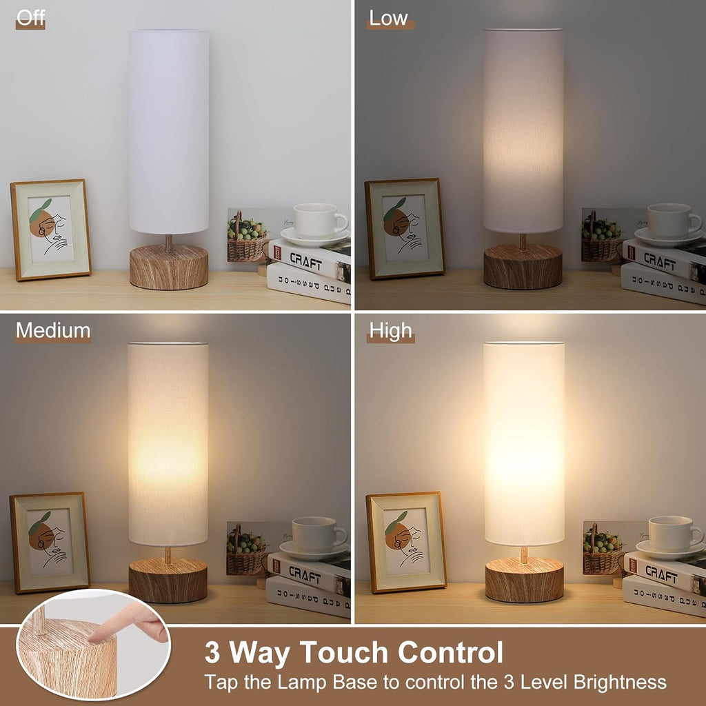 Touch Table Lamp with Wood Grain Metal Base, 3 Way Dimmable Bedside Lamp