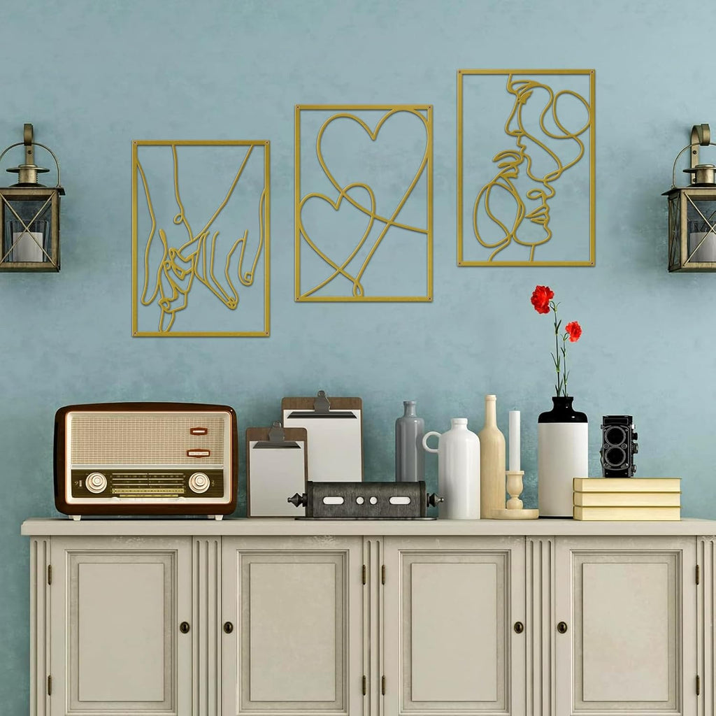 3 Pieces Metal Minimalist Line Wall Art, Love Heart Metal Wall Decor