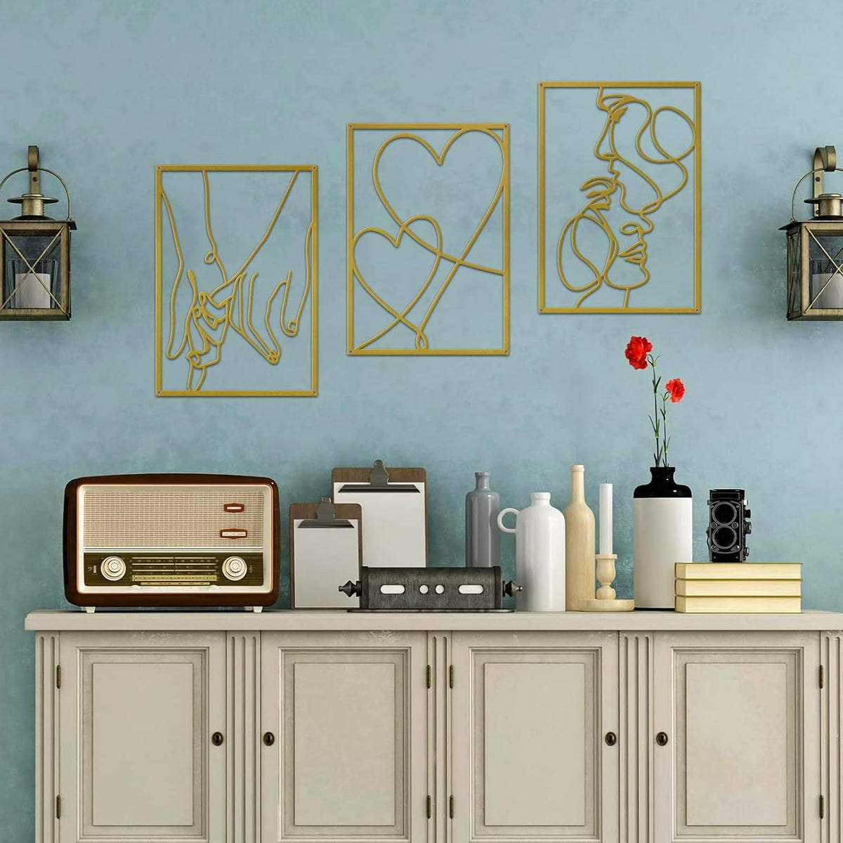 3 Pieces Metal Minimalist Line Wall Art, Love Heart Metal Wall Decor