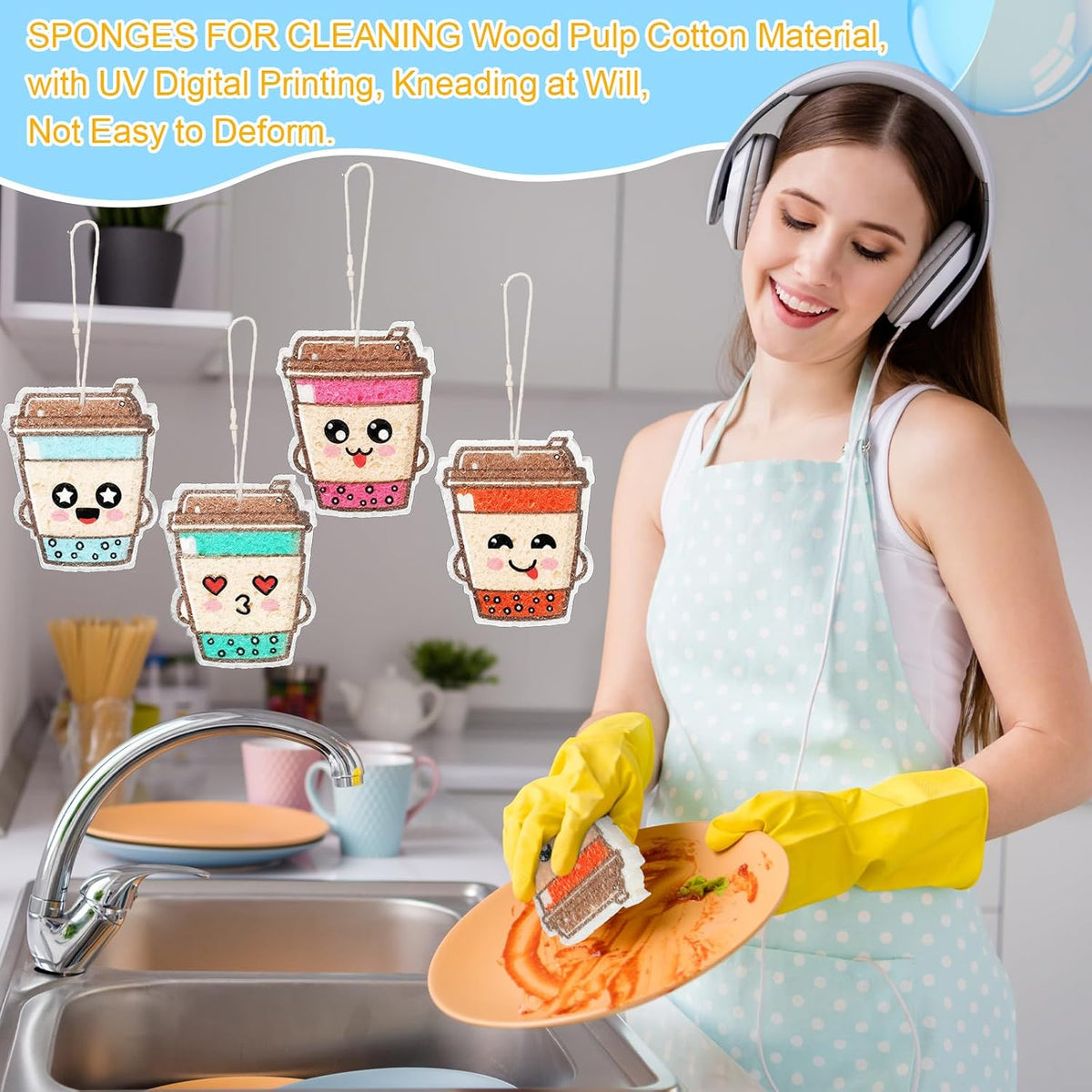 Newtay 8 Pack Cute Kitchen Sponges Dish Set Compressed Non-Scratch Reusable Kitchen Cleaning Household Sponges for Dishes, Pans, Kitchen, Fruit, Plate, Bathroom(Bubble Tea)