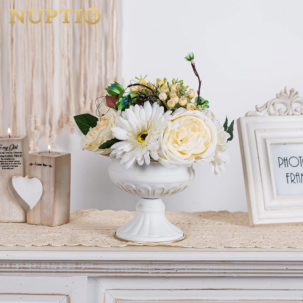 NUPTIO White Compote Vase Centerpiece: Metal Urn Planter, 4.96" Tall, 2 Pcs