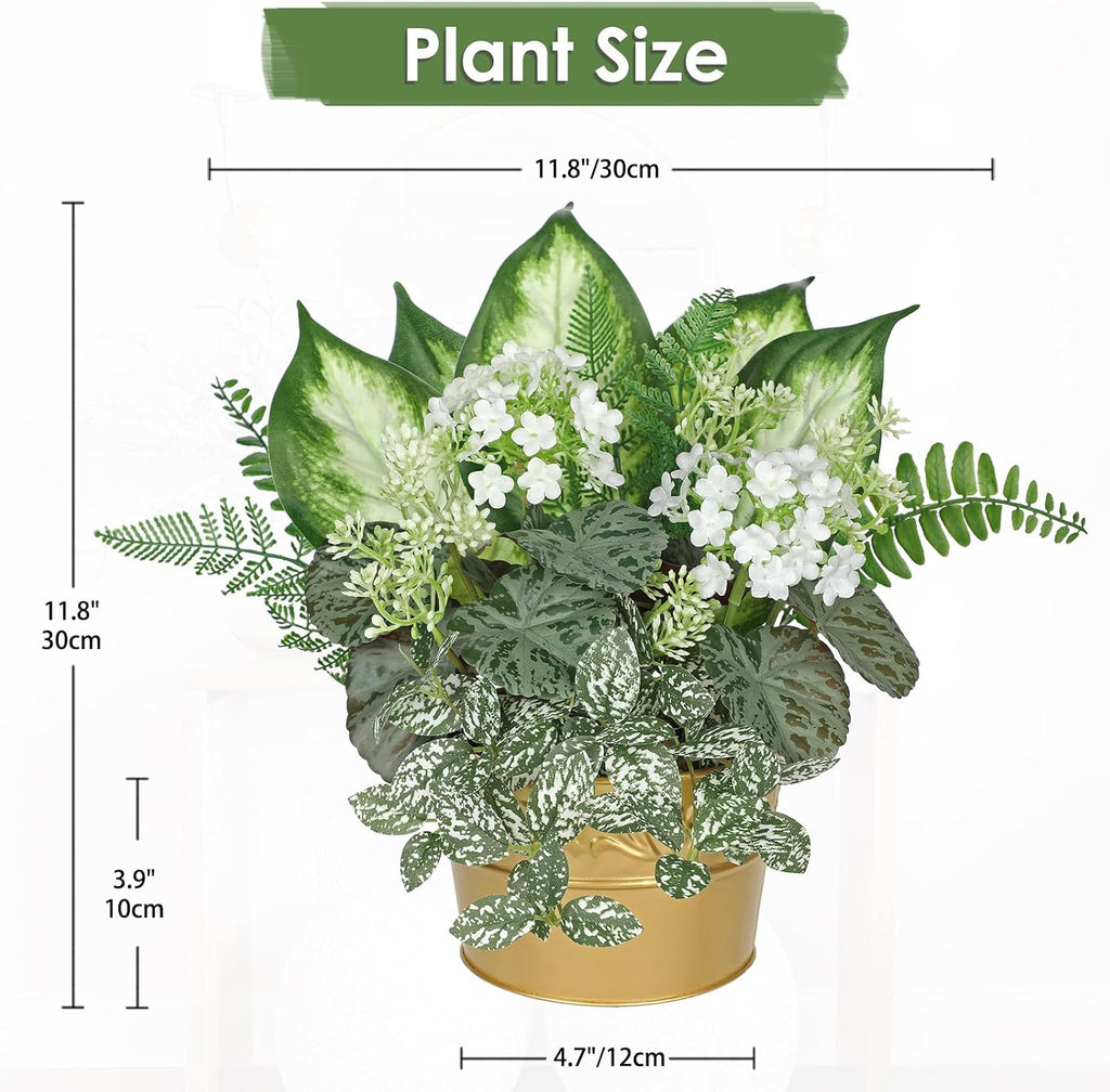 Fake Plants 11.8" Artificial Potted Plant Assorted Faux Plants in Gold Pot Silk Plants Artificial Plants Indoor for Home Living Room Bedroom Bathroom Office Table Centerpieces Shelf Greenery Decor