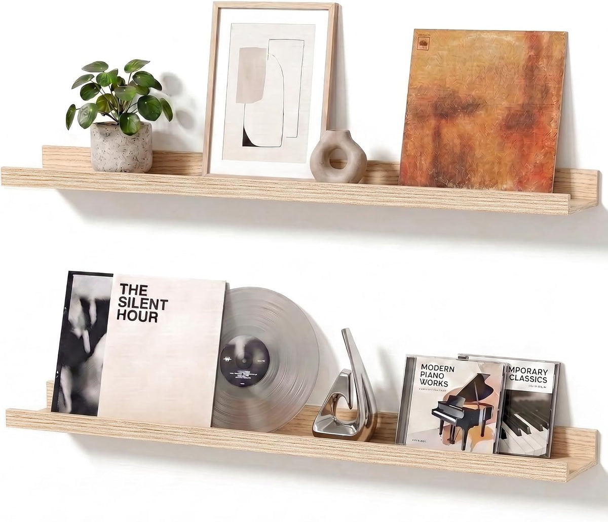 Oak Floating Shelves with Lip, 24 Inch Picture Ledge Shelf Set of 2
