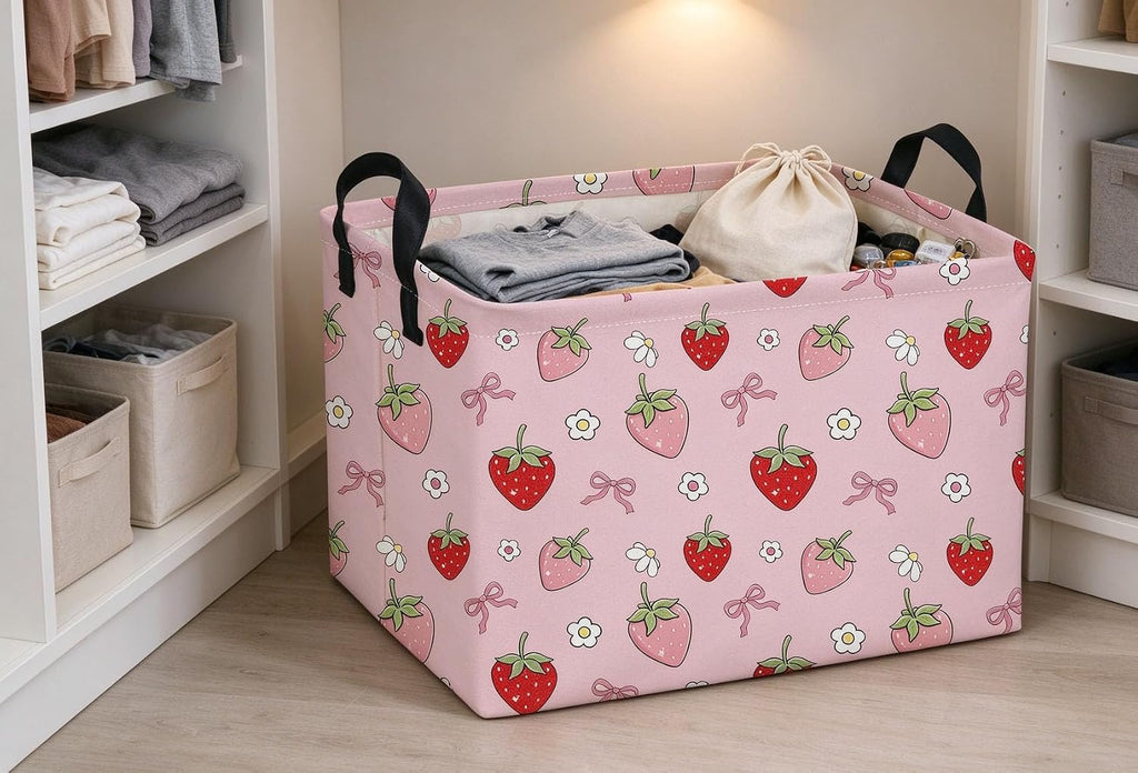 Rectangle Strawberry Baskets Pink Basket Cute Storage Bin for Room Decor Gift Basket(Bow strawberry)