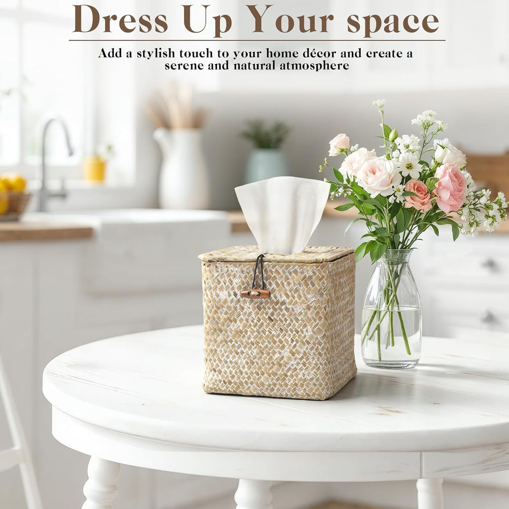 4 Pack Seagrass Tissue Box Cover Square Woven Tissue Box Holder Square Boho Decor Tissue Holder with Lid Farmhouse Tissue Box Cover for Toilet Bathroom Living Room Kitchen Bedroom Office Dorm