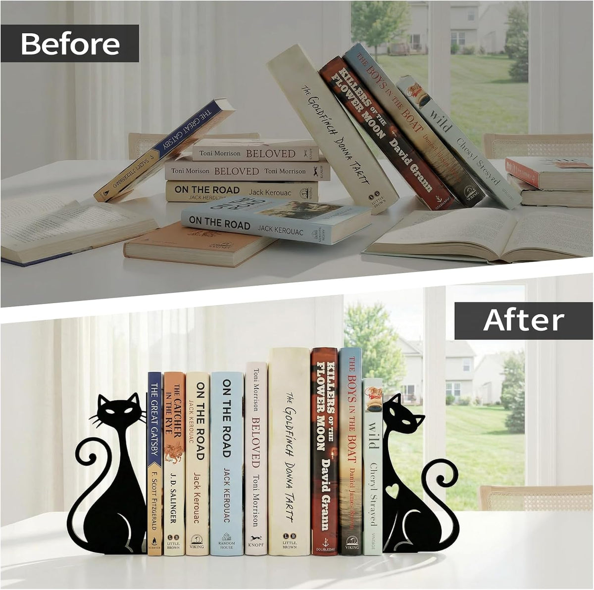 ENCIMART Atomic Cat Bookends for Shelves, Black Metal Decorative Book Ends