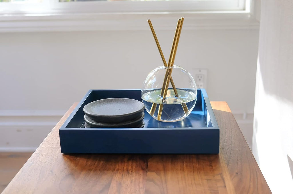 10"x10" Small Square Wood Decorative Tray for Office, Ottoman, Bathroom, Entry, Remote Controls, Countertop Organizer, Candle Tray - Twilight Blue