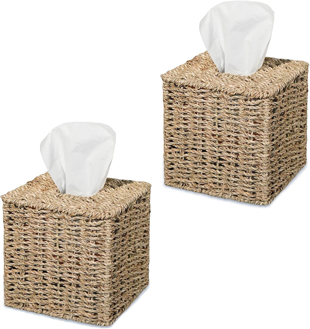 Set of 2 Seagrass Handwoven Wicker Tissue Box Cover, Natural Handmade Napkin Box Holder, Handcrafted Square Facial Tissue Holder for Bathroom, Rustic Decorative on Table and Bathroom,Boho Decorative