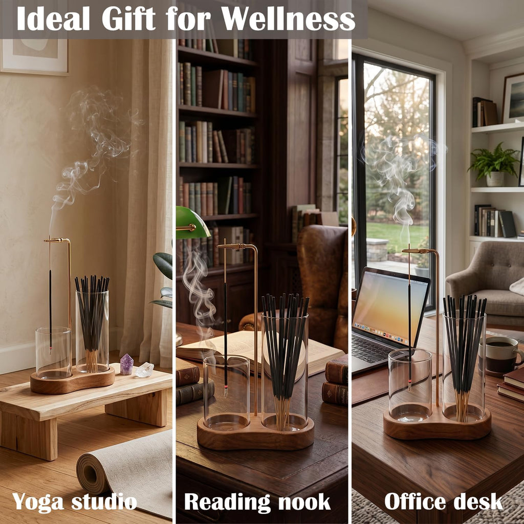2 in 1 Incense Holder for Sticks with Glass Ash Catcher - Upside Down Anti-Ash Flying Incense Burner & Stick Storage Organizer, Ideal for Meditation, Yoga, Zen Home Decor, Spa Relaxation Gift