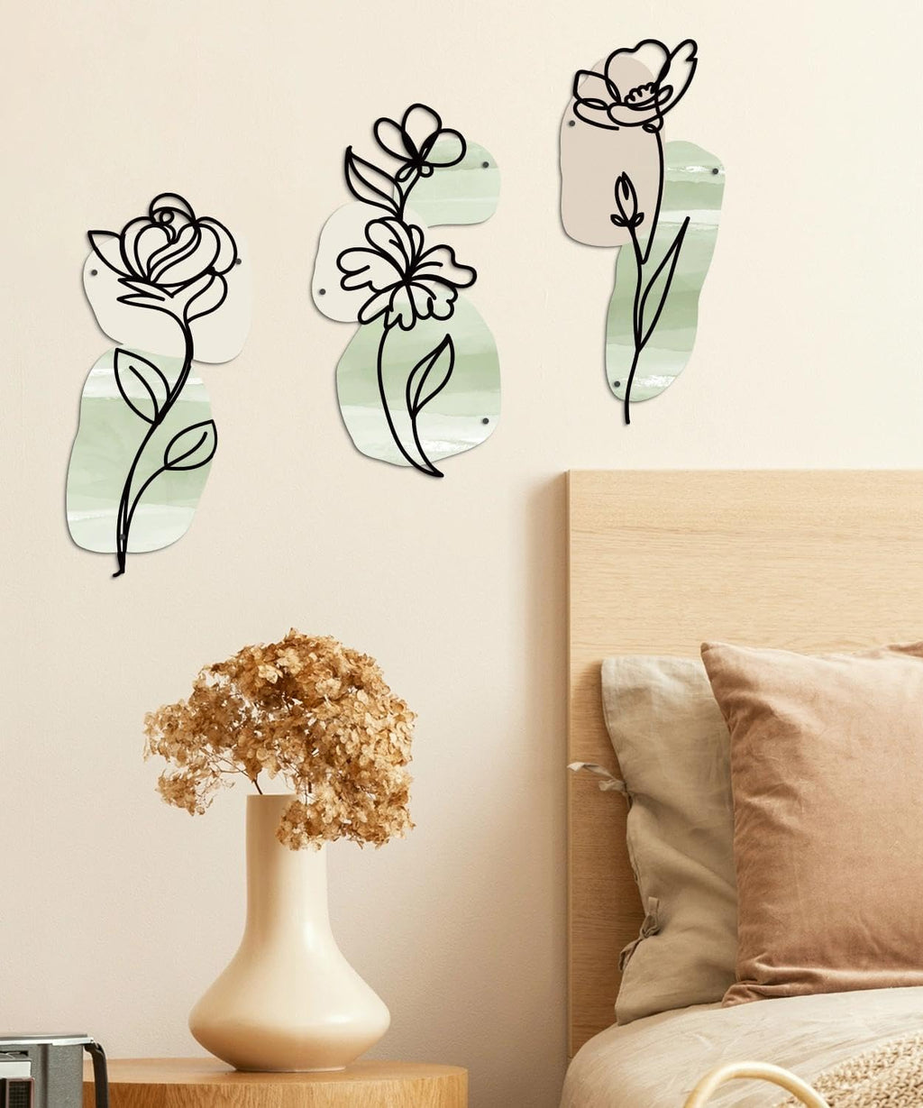 Putuo Decor Metal Flower Wall Decor, 3PCS Minimalist Floral Wall Art, Boho Spring Wall Sculptures for Living Room Bedroom Bathroom Kitchen, Modern Metal Flowers Decorations