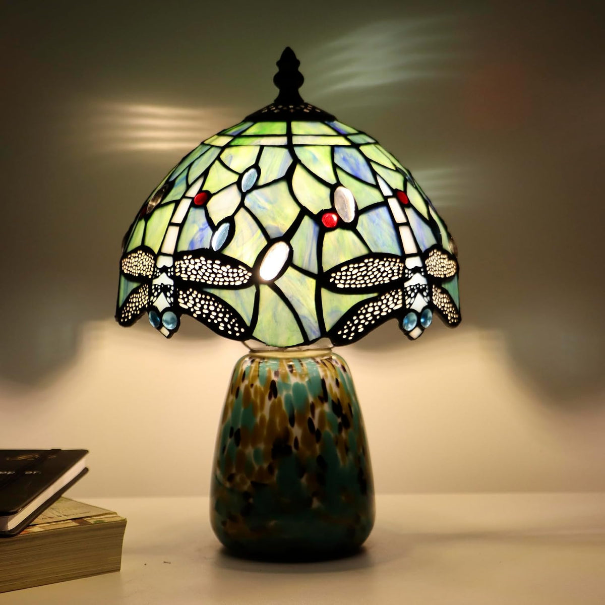 Tiffany Mushroom Table Lamp Dragonfly Style Sea Blue Stained Glass Accent Lamp Brown Blue Glass Base 8X8X12 Inch