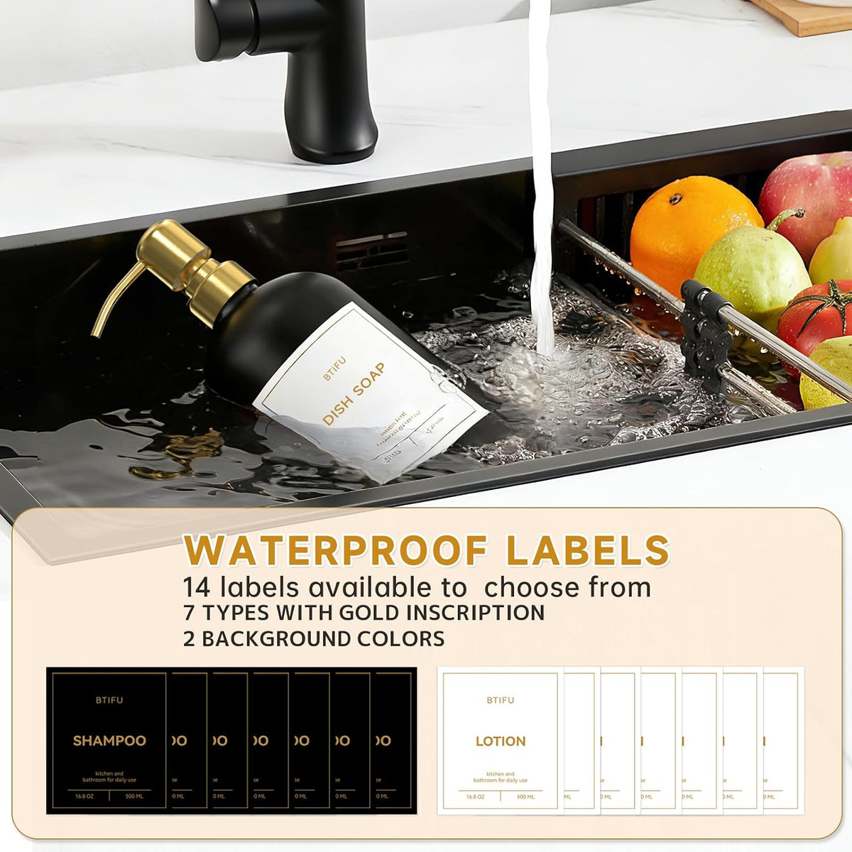 Kitchen Soap Dispenser Set – 16.8oz/500ml Glass Hand and Dish Soap Dispenser with Stainless Steel Pumps & Non-Slip Silicone Base, Luxury Countertop Decor for Home, Airbnb, Hotel (Black & Gold)