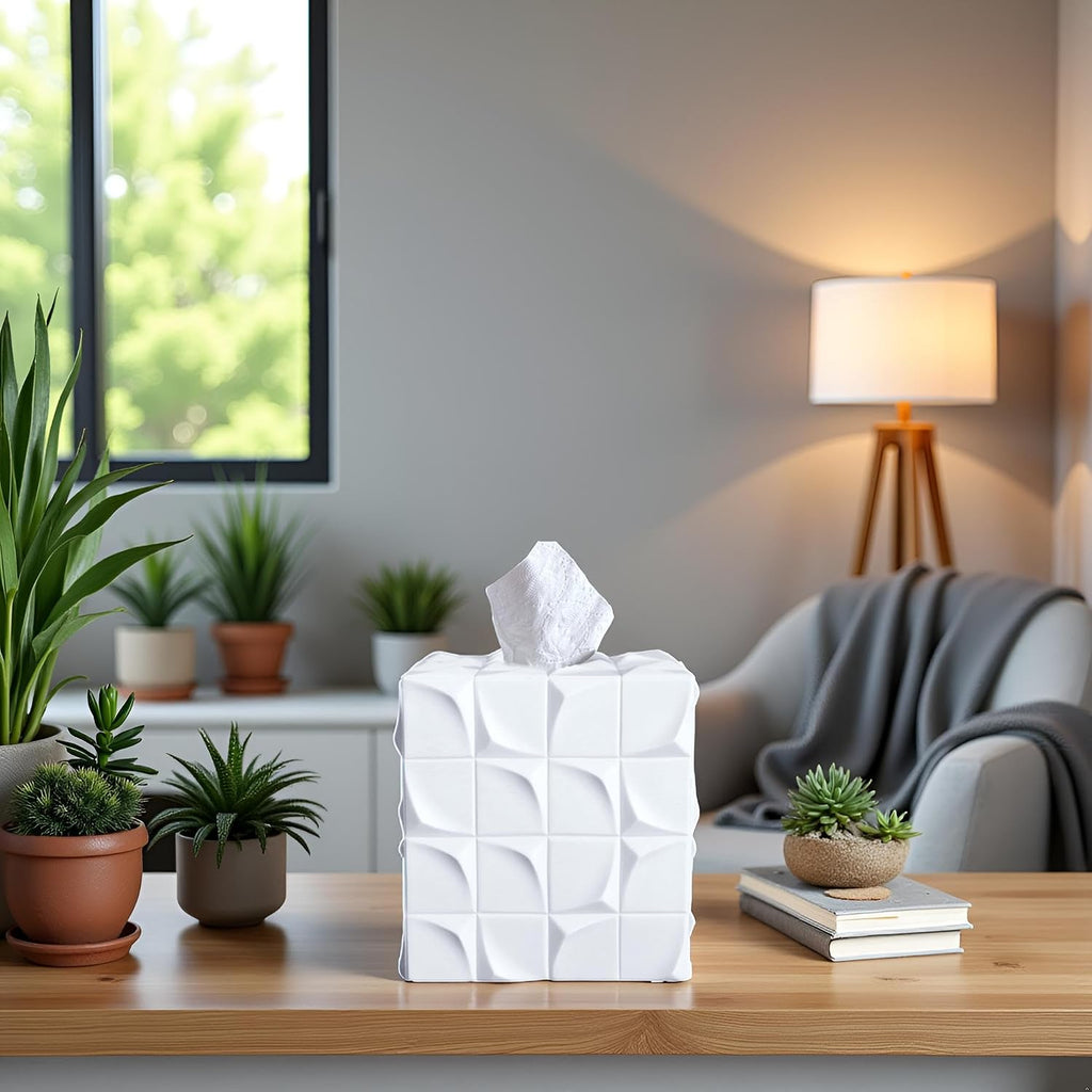 Square Tissue Box Cover Decorative Kleenex Box Holder for Bathroom & Living Room with Handcrafted Texture (White)